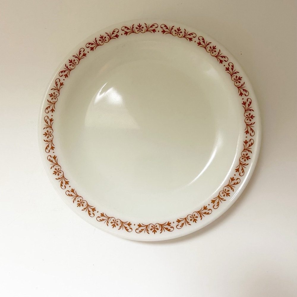 Two Vintage Pyrex Milk Glase Dinner Plates with Brown Floral Pattern Mid-Century